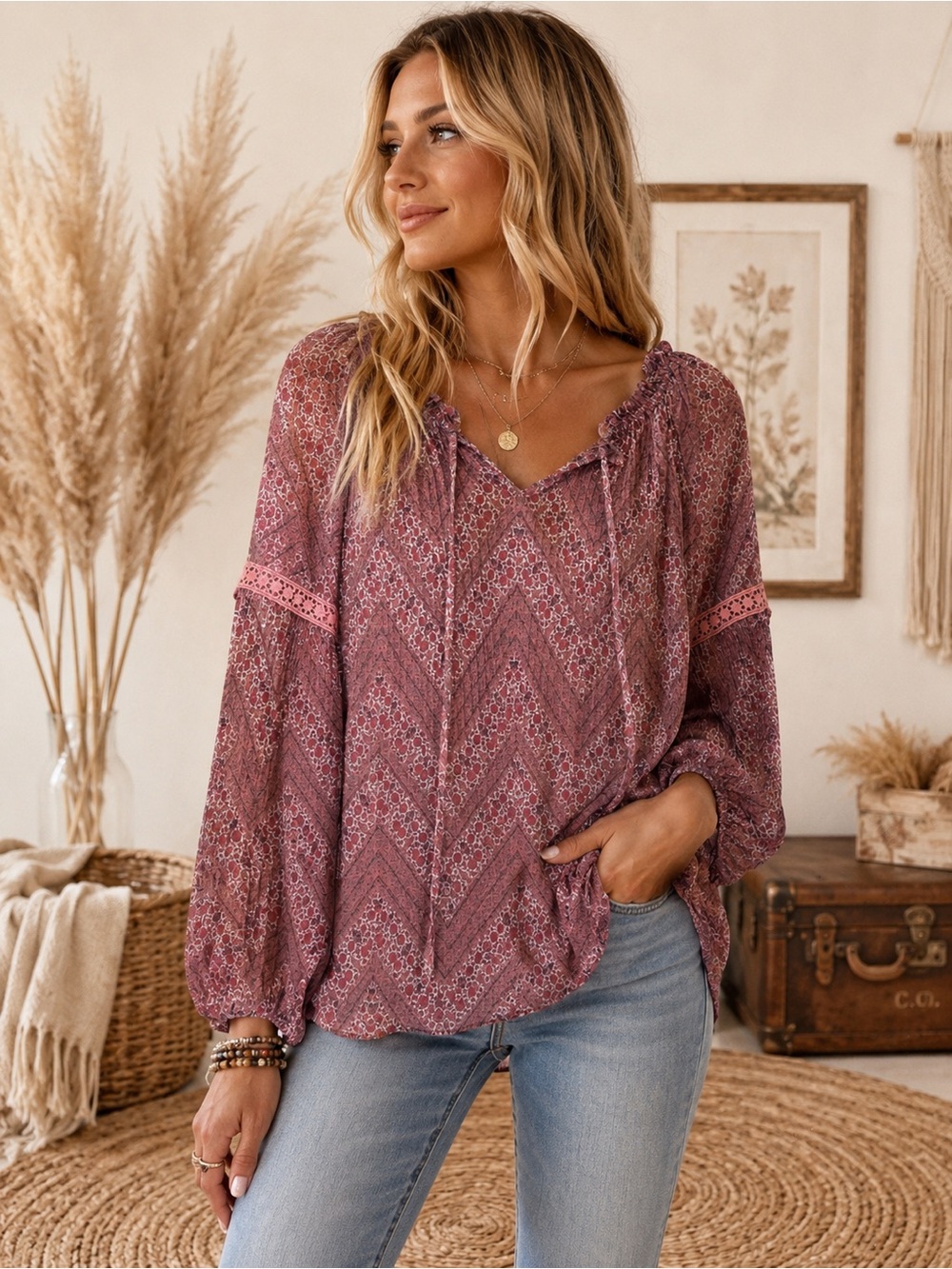Knox Rose Rose-Mauve Printed Tie-Neck Peasant Blouse